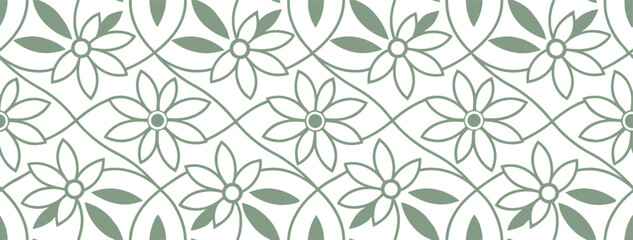 Geometric floral seamless pattern in soft green tones with stylized flowers and curved symmetry. Ideal for tiles, wallpapers, or fabric. Modern botanical design with vintage flair.