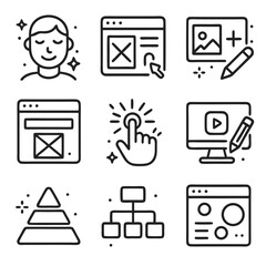 Collection of versatile icons representing various aspects of digital design, user experience, and content creation.