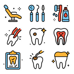 Set of nine dental icons ideal for websites, dental clinics, educational materials, or dental care promotions. Perfect for dental professionals.