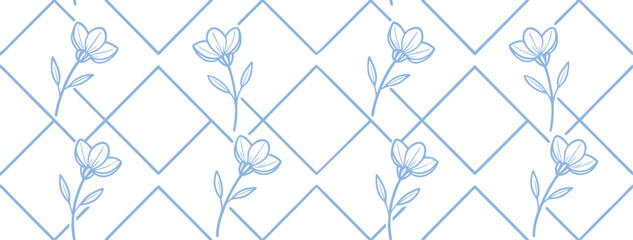 Minimalist floral line art with soft blue flowers over a diamond lattice grid background. Perfect for modern fabric, stationery, or web design. Clean, elegant, and timeless botanical layout. © Sk