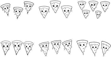 Cute Cartoon Pizza Slice Coloring Page – Black and White Funny Pizza Faces