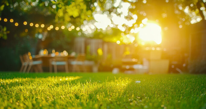Summer party with BBQ in backyard on green grass with bokeh