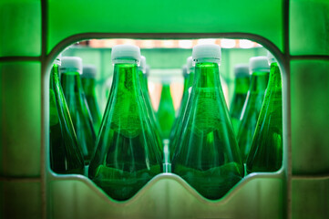 Leere grüne Pfandflaschen mit weißen Deckeln in einer Getränkekiste. Symbolisiert Recycling, Umweltschutz, Mehrwegsystem, Pfandsystem und nachhaltigen Konsum in Deutschland.