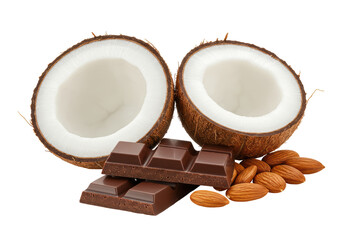Isolated Halved Coconut, Chocolate Bar and Almonds