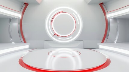 White and red sci-fi science fiction futuristic hall room spaceship lighting glowing shine round circle shapes platform podium and wall modern electric bright glowing shine light.