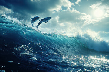 In a captivating action shot, dolphins leap dramatically above the water. Their muscular forms twist in grace, showcasing the beauty and agility of marine life as they descend with a splash.