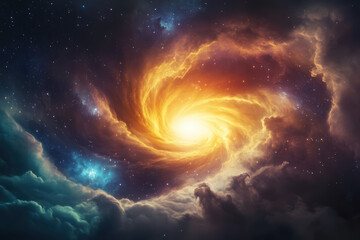 This image captures a dramatic nebula with radiant tendrils of gas in vivid hues of orange, purple, and blue. The glowing interplay of colors highlights the stunning beauty of the cosmos.