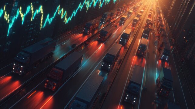 Aerial view of a busy highway with trucks and a digital stock market graph overlay illuminating the scene.