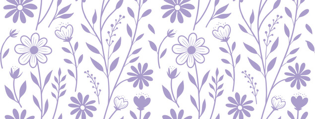 Seamless lavender floral pattern with hand-drawn daisies and wildflowers on a white background. Ideal for fabric, wallpaper, or stationery design. Soft botanical aesthetic for spring themes.