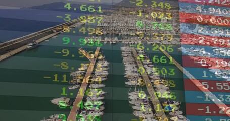 On numeric ticker appearing over marina, numbers pulsing, scrolling, updating for live market data - Powered by Adobe