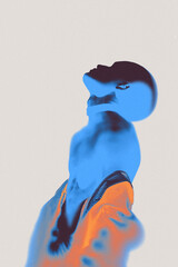 Stylized silhouette of male figure with head thrown back, in electric blue and orange hues under grainy filter. Modern art. Concept of futurism, surrealism, identity. Digital art collage.