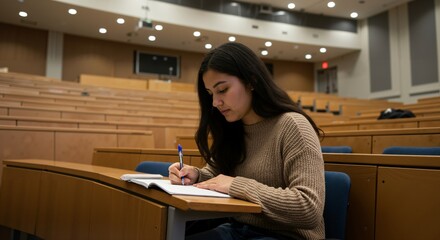 Young female student diligently writing notes in an empty university lecture hall. Focused woman studying for an exam in a large classroom. Higher education and learning concept.