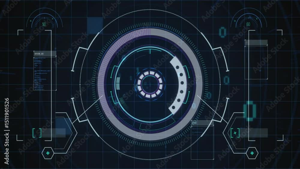 Poster dark blue grid appearing triggers hud expanding rotating updating gauges and panels for scanning