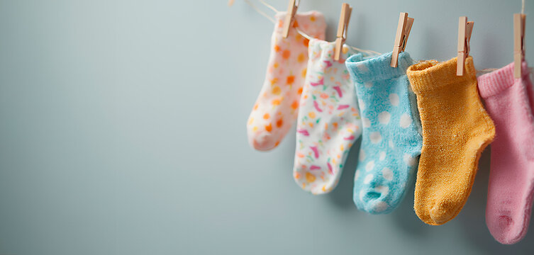Tiernos calcetines de ni&ntilde;o en cuerda de tender con fondo claro. Infancia, el amor en lo cotidiano y la calidez del hogar