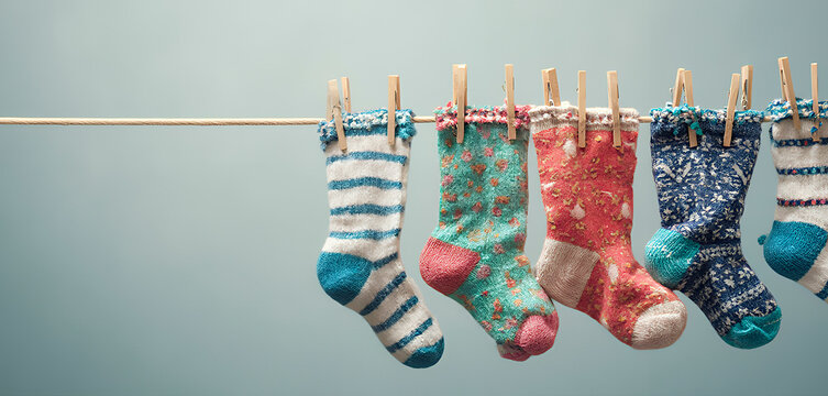 Tiernos calcetines de ni&ntilde;o en cuerda de tender con fondo claro. Infancia, el amor en lo cotidiano y la calidez del hogar