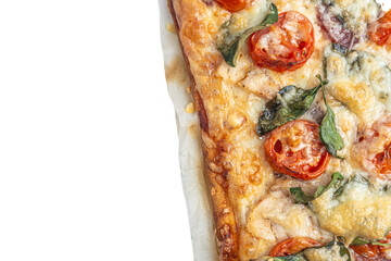 slice of pizza with tomato, basil and parmesan close-up, space for inscription