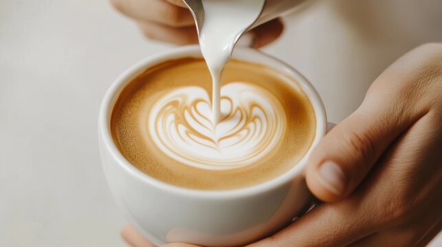 Close-up of a person pouring milk into a cup of coffee, creating beautiful latte art with intricate patterns.