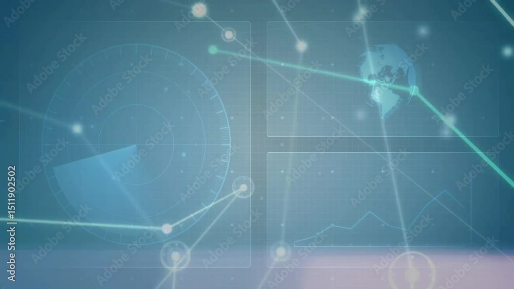 Poster upon loading network animating nodes, globe forming, gauge sweeping, graph rising showing data flow