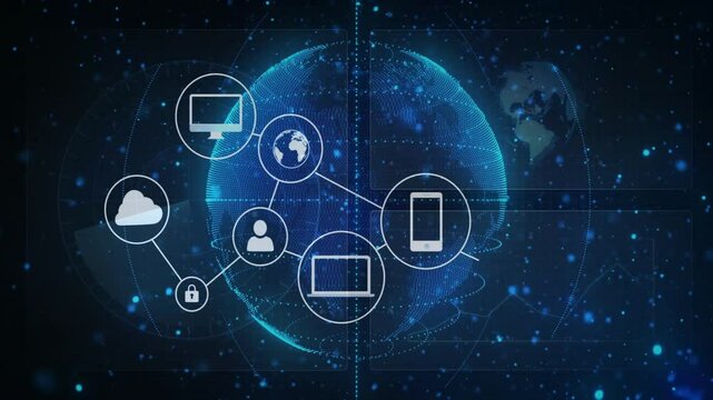 Dark starry sky showing dotted globe rising security and device icons fading linking secure network