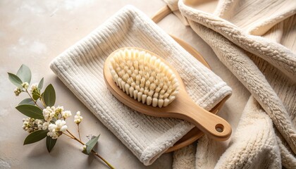 Serene spa setting, wooden brush, soft white towel, and delicate white flower wooden