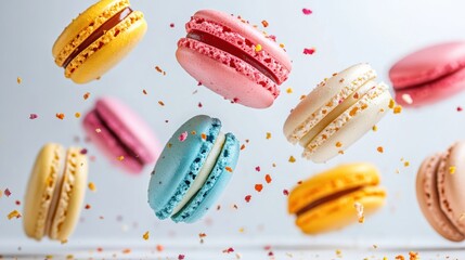 Colorful macarons floating in the air with vibrant sprinkles, creating a whimsical and delightful dessert scene.