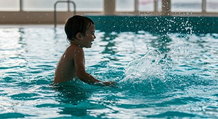 Happy Young Boy Splashing and Playing in an Indoor Swimming Pool. Child Enjoying Water Activities. Summer Fun and Recreation.