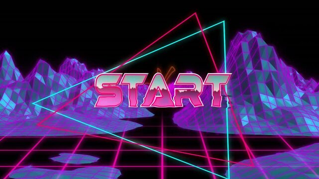 On launch START logo forming then neon triangles tracing, rotating for branding in retro grid