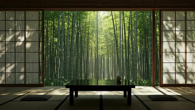 Japanese room with view of bamboo forest and serene, calming atmospher