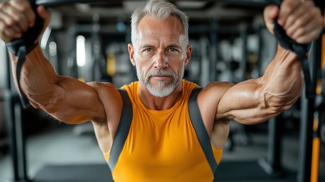 Fit Senior Man Exercising with Resistance Bands in Modern Gym