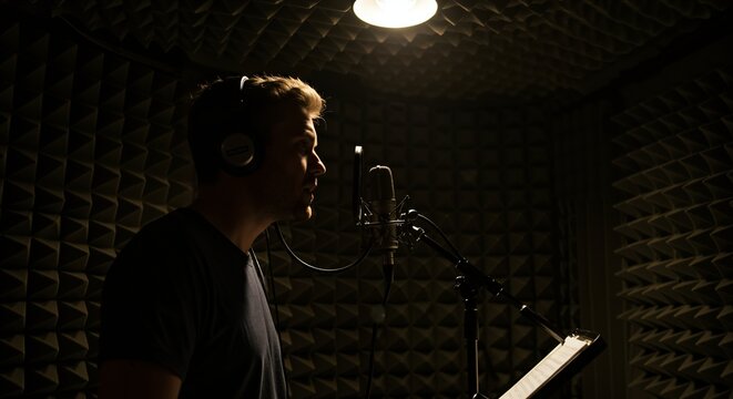 Young Caucasian man with headphones recording audio in a professional soundproof booth. Male voice actor or singer working in a dark studio with microphone and acoustic foam.