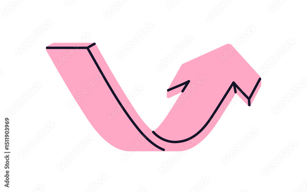 Poster Curved arrow pointing upward. Twisting bent pointer rising up for showing direction, growth trend, improvement concept. Flowing movement. Flat vector illustration isolated on white background.