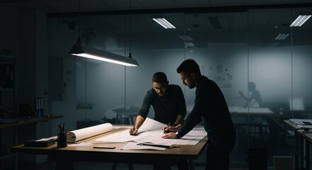 Two young male architects collaborating on blueprints in a modern office late at night. Professional designers working together on a construction project.