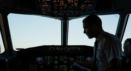 Male pilot in uniform concentrating on flight documents inside an airplane cockpit. Professional aviator preparing for takeoff or landing with illuminated instrument panel and clear sky visible.