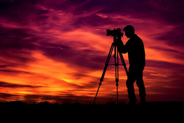 Silhouette of a photographer against a sunset, tripod outline, orange-and-purple gradient sky