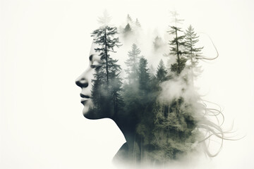 Double exposure portrait blending a face with forest silhouettes, ethereal monochrome tones 