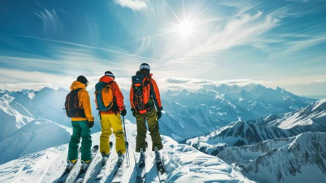 Three skiers stand on a snow-covered mountain peak, looking out at a breathtaking panorama of snowy mountains under a bright, sunny sky. The pristine landscape creates a sense of awe and adventure.