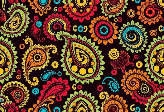 Intricate paisley booti pattern in rich, traditional Indian style, seamless repeat, all over, artwork
