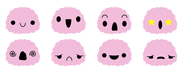 Cartoon cute brain with face set. Brain character with emotions. Internal human organs. Stock vector illustration isolated on white background.