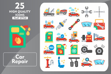 Car Repair Flat Icon Set. Incleded Icons Tow Truck, Truck, Car, Wrench, Cross Wrench, Locked Car, Spark Plug, Shock Absorber. Vector Icons Collection