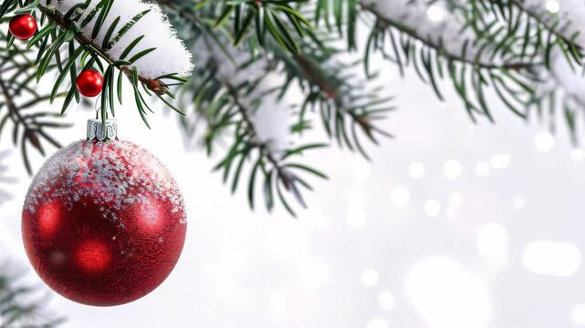 Close-up capturing a red, snow-dusted ornament hanging from a snow covered evergreen branch. Bokeh lights in the background enhance the festive holiday atmosphere. 170 characters max.