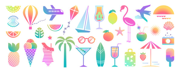 52Modern summer geometric vector icons of vacation mood in flat design. Trendy gradient travel stickers or badges.  Holiday trip illustrations for posters, cards, banners, print on shirts.