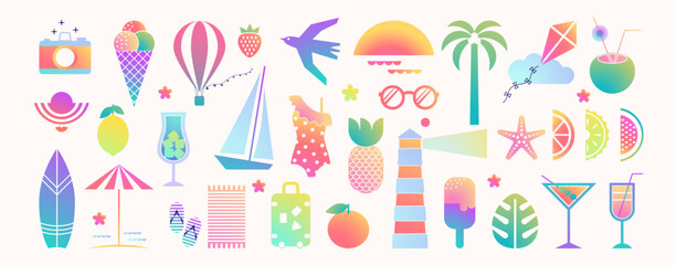 Modern summer geometric vector icons of vacation mood in flat design. Trendy gradient travel stickers or badges.  Holiday trip illustrations for posters, cards, banners, print on shirts.