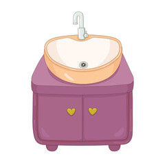 Washbasin on cabinet. Bathroom item. Cartoon style bathroom furniture. Vector illustration