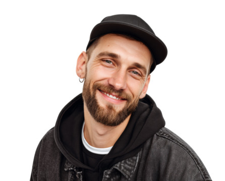 Casual man smiling in a stylish outfit for personal branding on a transparent background, cut out