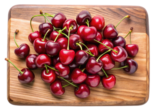 Fresh, ripe cherries piled on a rustic wooden cutting board surface