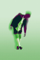 Abstract figure in suit and shorts, bending forward, with green and purple color overlay, against...