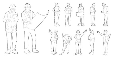 Architects and construction workers people in editable vector lines
