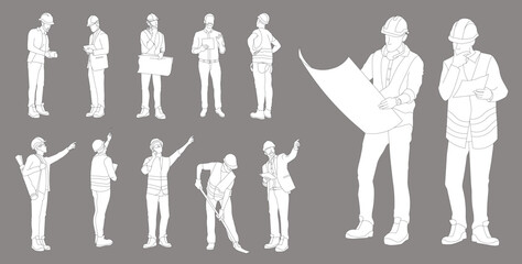 Construction people in lines project drawing architects and workers editable vector