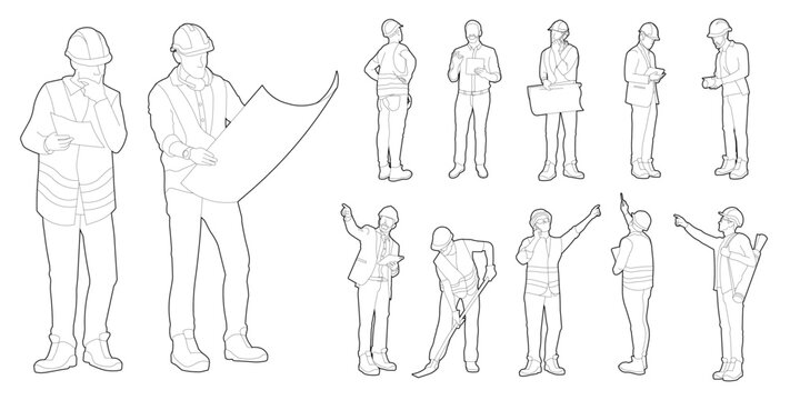 Architects and construction workers people in editable vector lines