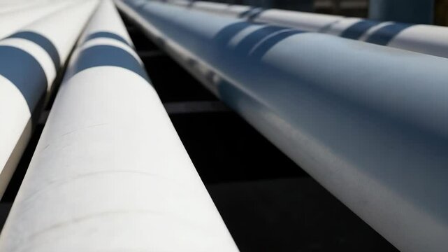 Industrial pipes close-up image showing parallel metal tubes.  Large diameter pipes with white and dark gray stripes.  Industrial pipes background for manufacturing or engineering projects.